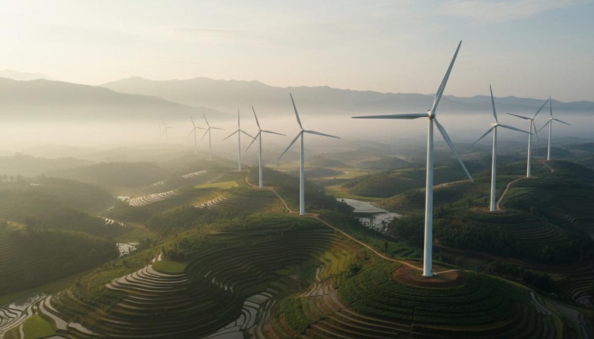 Vestas поставит турбины для двух новых ВЭС в центральном Вьетнаме Ряд ветряных турбин на зеленых холмах в центральном Вьетнаме. Ветроэлектростанция на фоне тропического пейзажа.