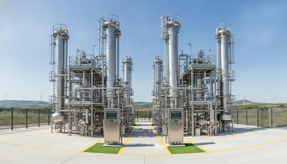 Aether Fuels получила авиатопливо из свалочного газа и CO2 Компактная промышленная установка для синтеза авиатоплива: стальные реакторы, переплетение труб и манометры.