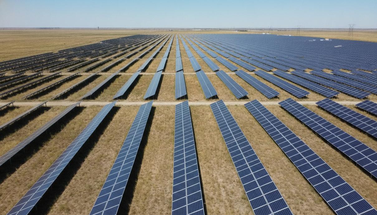 Ameren Illinois запустила СЭС мощностью 2,5 МВт в штате Иллинойс Солнечная электростанция с рядами фотоэлектрических панелей в поле под открытым небом.