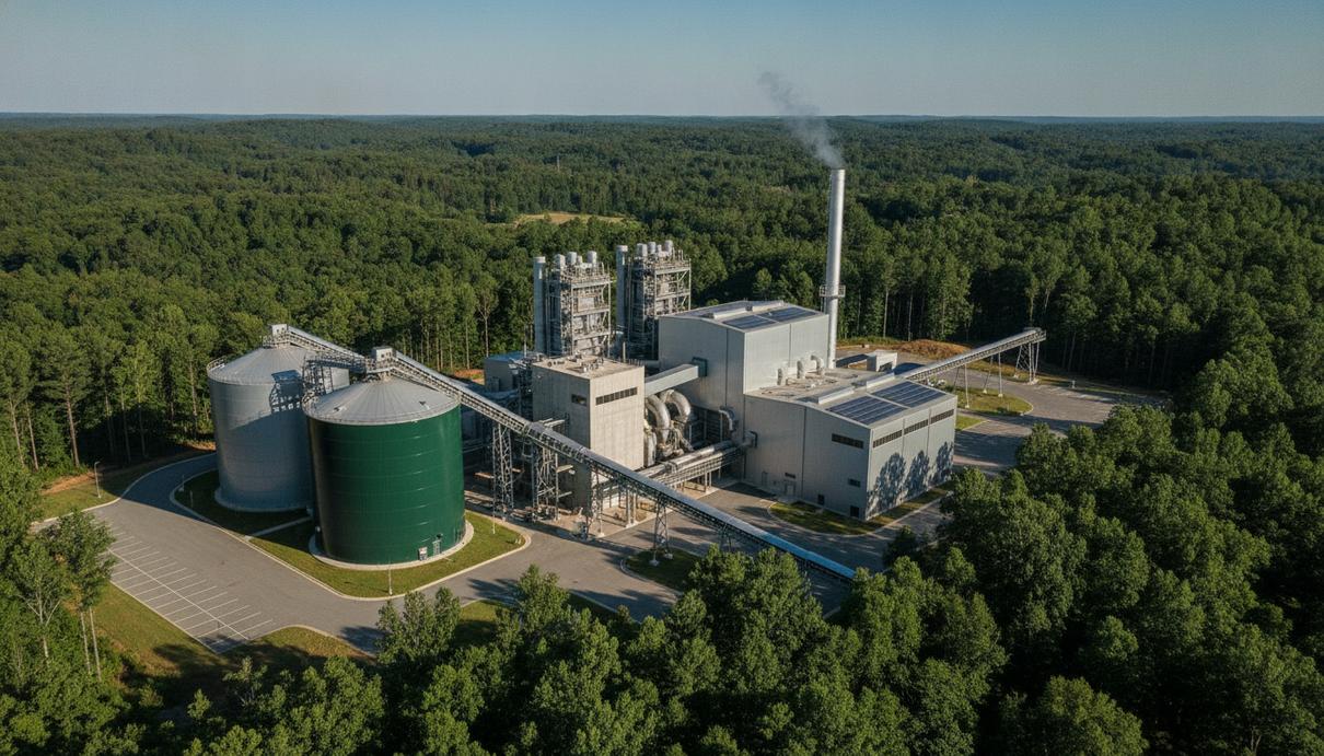 Azure Energy построит в Северной Каролине биоэлектростанцию на 100 МВт Промышленный комплекс современной биоэлектростанции с трубами и резервуарами на фоне густого леса в Северной Каролине.