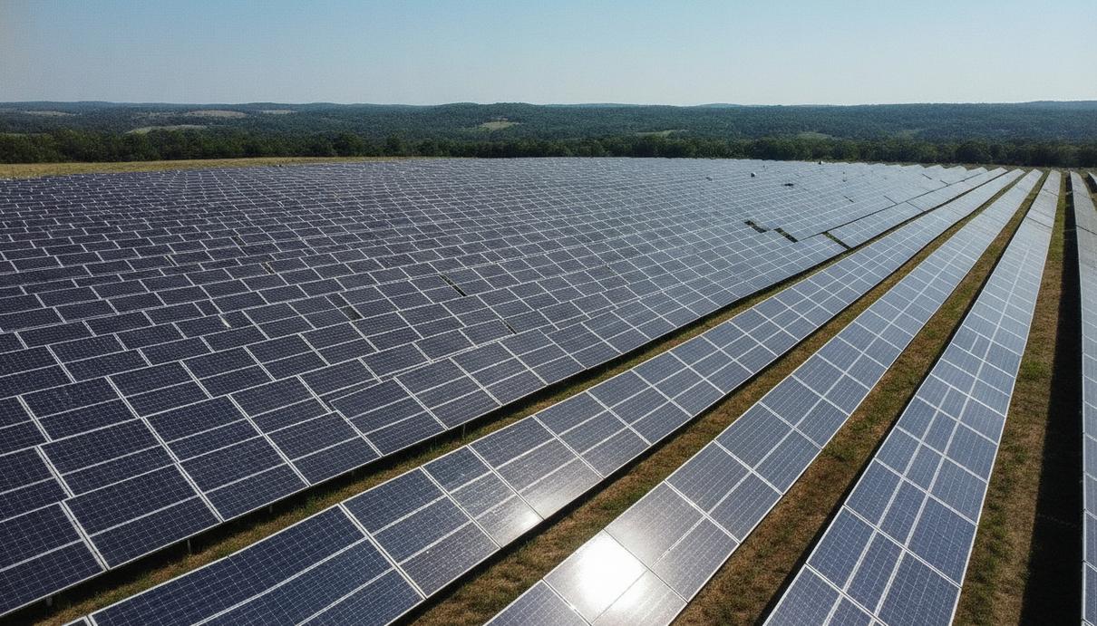 Солнечная электростанция Sebree Solar II в Кентукки. Бесконечные ряды солнечных панелей, уходящие за горизонт.