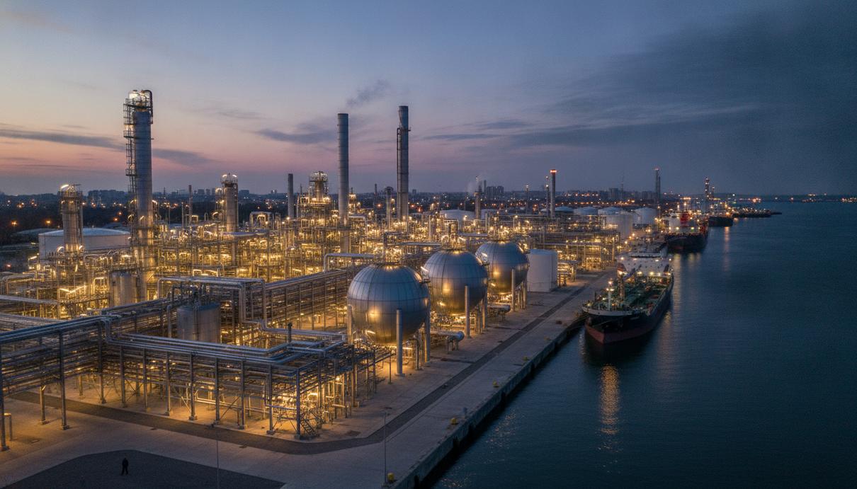 Perpetual Next построит сеть заводов биометанола на технологиях Air Liquide Современный завод по производству биометанола в промышленном порту: трубопроводы, цистерны и технологические установки.